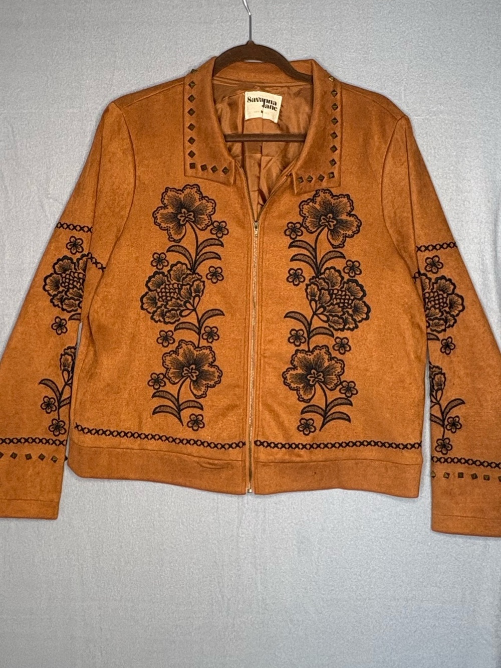 Savanna Jane Embroidered Faux Suede Jacket Brown Western Boho Studded M